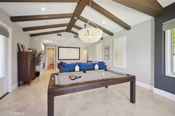 Billiard Table, Chandelier, Game Room, Interior, Pendant Lights, Projection Screen, Recessed Lighting, Wooden Beams