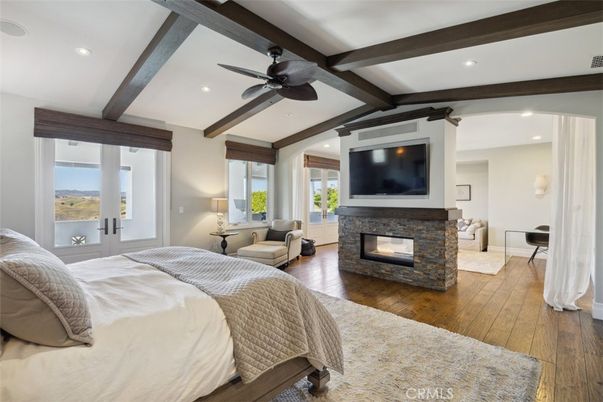 Bedroom, Fireplace, Interior, Recessed Lighting, Wooden Beams, Wood Texture Flooring