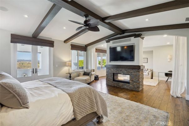 Bedroom, Fireplace, Interior, Recessed Lighting, Wooden Beams, Wood Texture Flooring