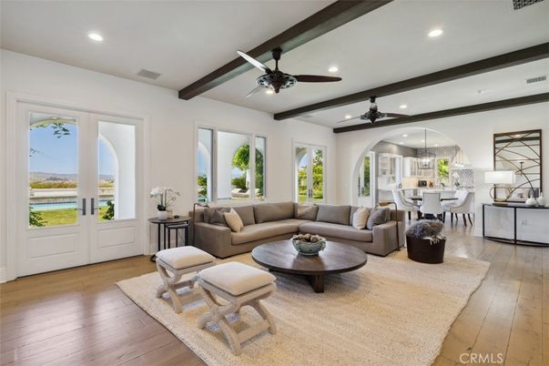 Chandelier, Dining room, Interior, Living room, Recessed Lighting, Wooden Beams, Wood Texture Flooring