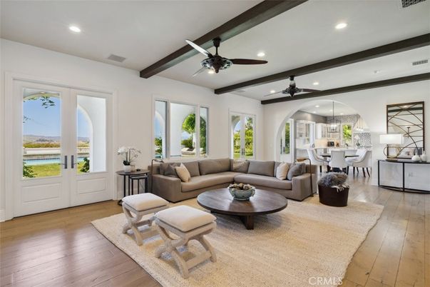 Chandelier, Dining room, Interior, Living room, Recessed Lighting, Wooden Beams, Wood Texture Flooring
