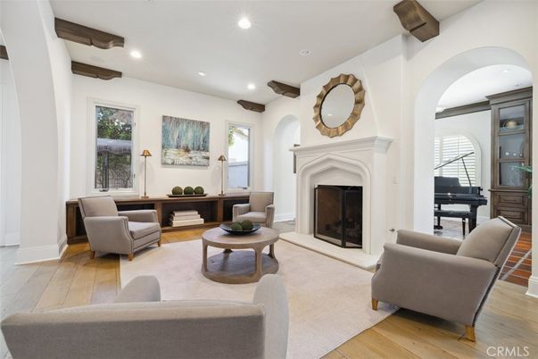 Fireplace, Interior, Living room, Piano, Recessed Lighting, Wooden Beams, Wood Texture Flooring