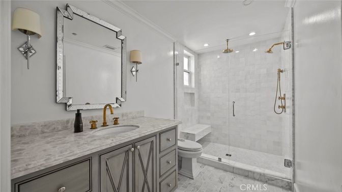 Bathroom, Glass Shower, Interior, Marble, Recessed Lighting
