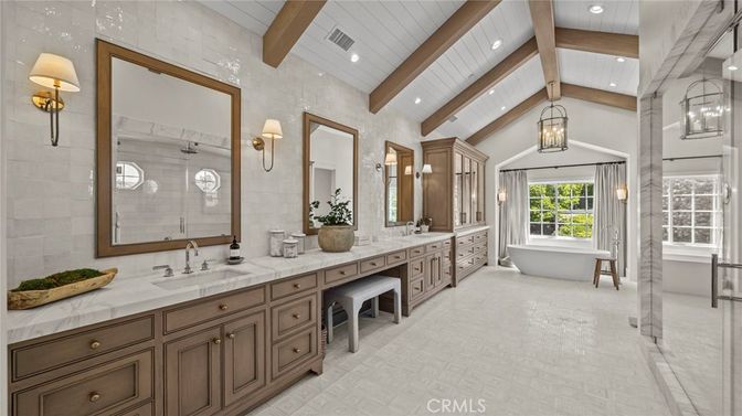 Bathroom, Dual Sink Vanities, Free Standing Baths, Interior, Pendant Lights, Recessed Lighting, Wooden Beams