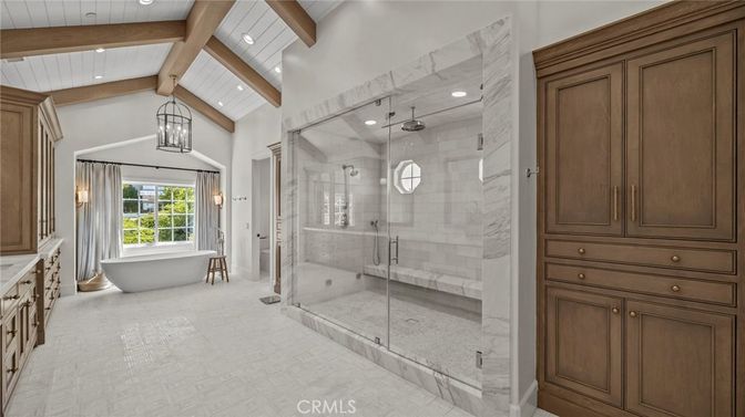 Bathroom, Free Standing Baths, Glass Shower, Interior, Pendant Lights, Recessed Lighting, Wooden Beams, Wooden Ceilings