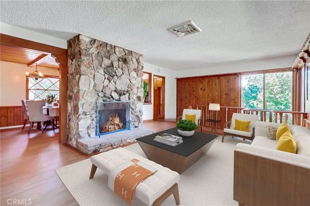 Dining room, Fireplace, Interior, Living room, Stone Walls, Wood Texture Flooring, Wooden Walls