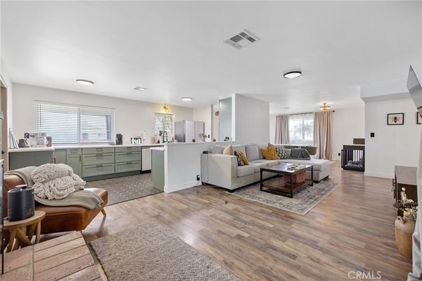 Fireplace, Interior, Kitchen, Living room, Recessed Lighting, Wood Texture Flooring