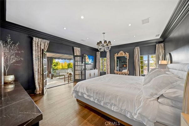 Bedroom, Chandelier, Interior, Recessed Lighting, Wood Texture Flooring