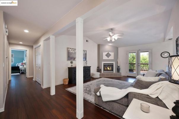 Fireplace, Interior, Living room, Recessed Lighting, Wood Texture Flooring