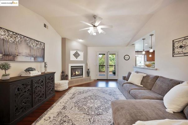 Fireplace, Interior, Living room, Pendant Lights, Recessed Lighting, Wood Texture Flooring