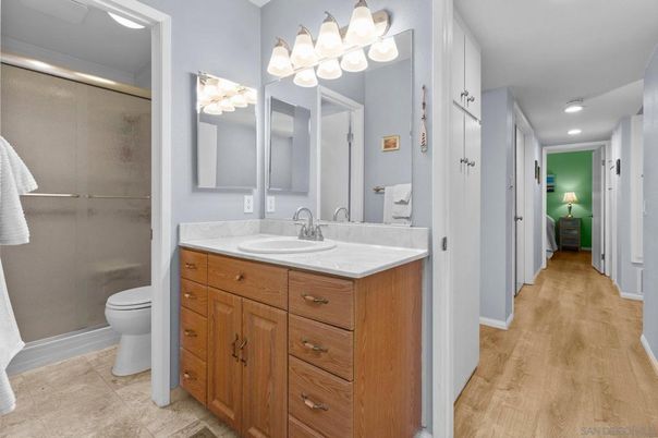 Bathroom, Glass Shower, Interior, Recessed Lighting, Wood Texture Flooring