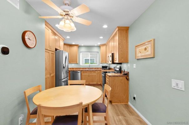 Dining room, Interior, Kitchen, Recessed Lighting, Wood Texture Flooring