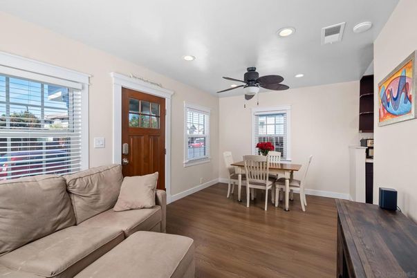 Dining room, Interior, Living room, Recessed Lighting, Wood Texture Flooring