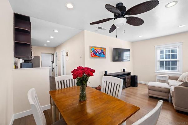 Dining room, Interior, Living room, Piano, Recessed Lighting, Wood Texture Flooring
