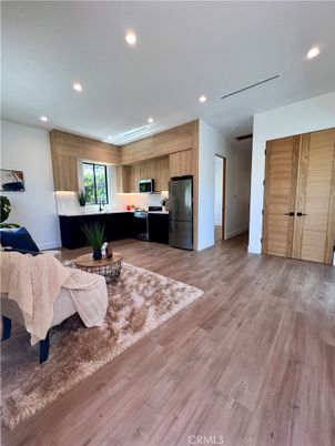 Interior, Kitchen, Living room, Recessed Lighting, Wood Texture Flooring, Wooden Walls