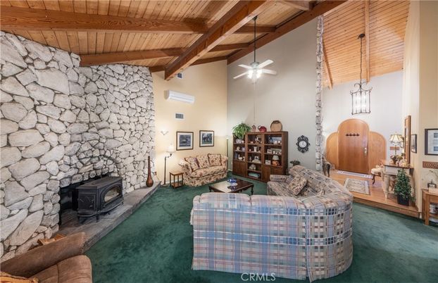 Fireplace, Interior, Living room, Pendant Lights, Stone Walls, Wooden Beams, Wooden Ceilings