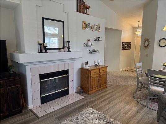 Dining room, Fireplace, Interior, Pendant Lights, Wood Texture Flooring