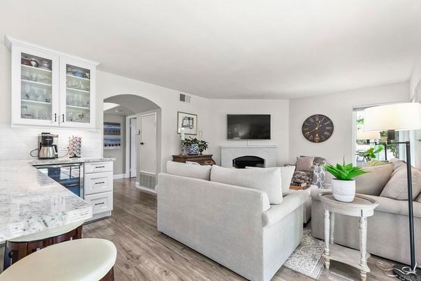 Fireplace, Interior, Kitchen, Living room, Wood Texture Flooring
