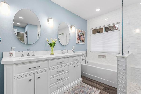 Bathroom, Dual Sink Vanities, Interior, Recessed Lighting, Wood Texture Flooring
