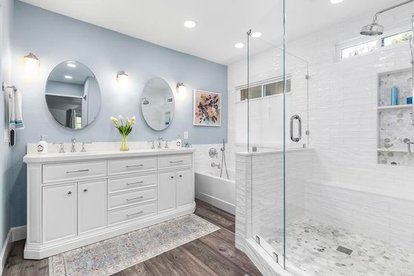 Bathroom, Dual Sink Vanities, Glass Shower, Interior, Recessed Lighting, Wood Texture Flooring