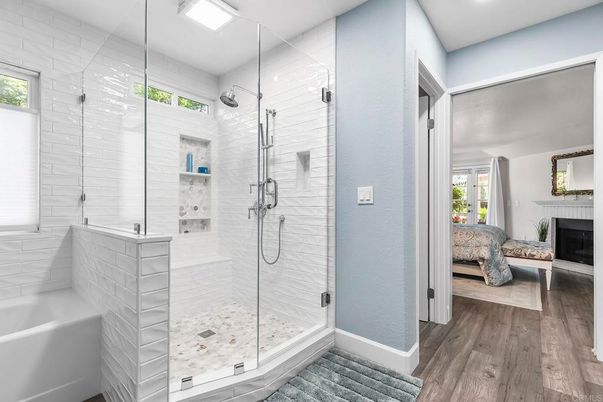 Bathroom, Fireplace, Glass Shower, Interior, Recessed Lighting, Wood Texture Flooring