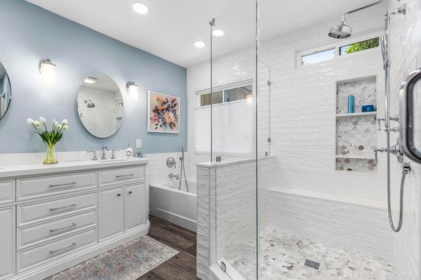 Bathroom, Glass Shower, Interior, Recessed Lighting, Wood Texture Flooring