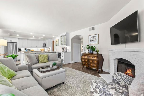 Fireplace, Interior, Kitchen, Living room, Recessed Lighting, Stainless Steel Appliances, Wood Texture Flooring