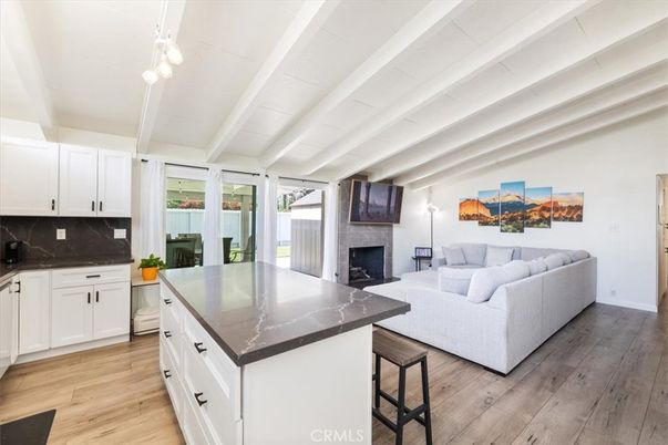 Fireplace, Interior, Kitchen, Living room, Pendant Lights, Wood Texture Flooring