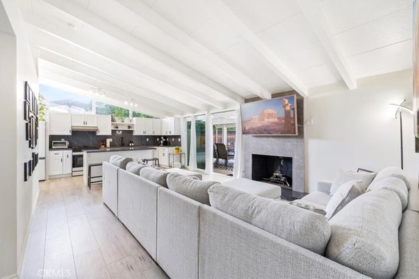 Fireplace, Interior, Kitchen, Living room, Wood Texture Flooring