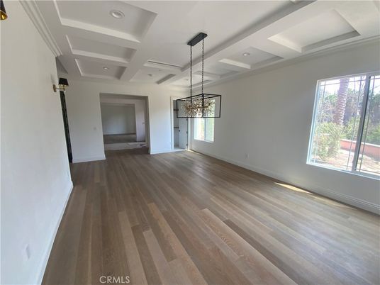 Empty room, Interior, Pendant Lights, Recessed Lighting, Wood Texture Flooring
