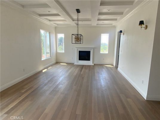 Empty room, Fireplace, Interior, Pendant Lights, Recessed Lighting, Wood Texture Flooring