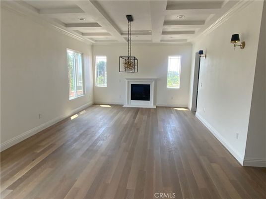 Empty room, Fireplace, Interior, Pendant Lights, Recessed Lighting, Wood Texture Flooring