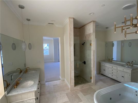 Bathroom, Dual Sink Vanities, Glass Shower, Interior, Pendant Lights, Recessed Lighting