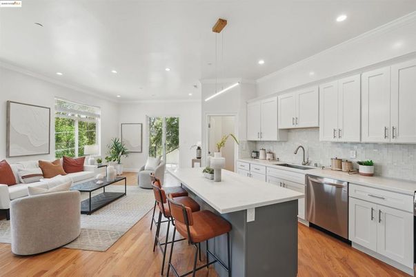 Interior, Kitchen, Living room, Pendant Lights, Recessed Lighting, Stainless Steel Appliances, Wood Texture Flooring