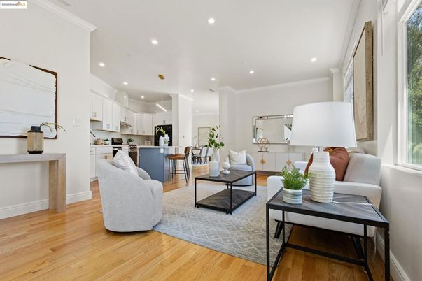 Dining room, Interior, Kitchen, Living room, Recessed Lighting, Wood Texture Flooring