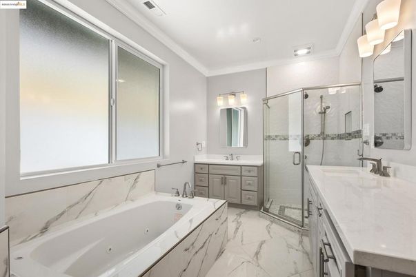 Bathroom, Dual Sink Vanities, Glass Shower, Interior, Marble, Recessed Lighting