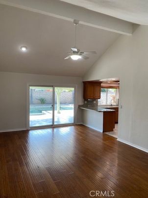 Empty room, Interior, Kitchen, Recessed Lighting, Wood Texture Flooring