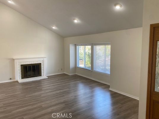 Empty room, Fireplace, Interior, Recessed Lighting, Wood Texture Flooring