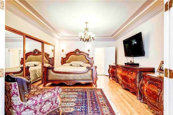 Bedroom, Chandelier, Interior, Wood Texture Flooring