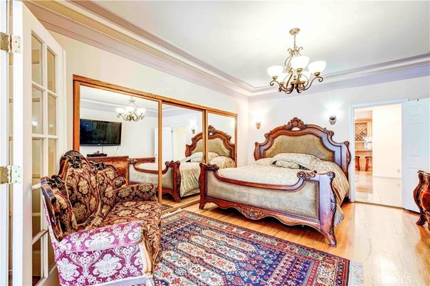 Bedroom, Chandelier, Interior, Wood Texture Flooring