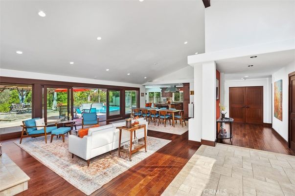 Dining room, Interior, Living room, Recessed Lighting, Wood Texture Flooring