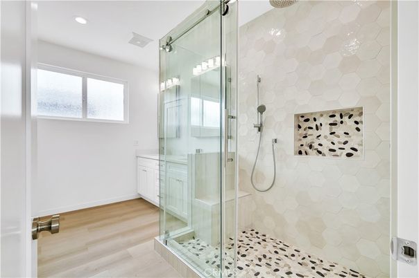 Bathroom, Glass Shower, Interior, Recessed Lighting, Wood Texture Flooring