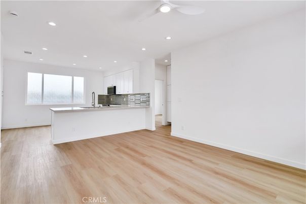Empty room, Interior, Kitchen, Recessed Lighting, Wood Texture Flooring