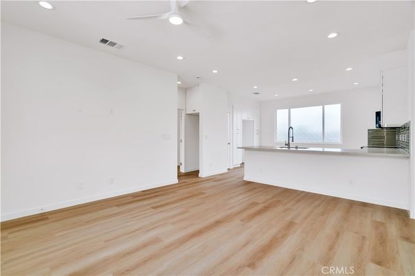 Empty room, Interior, Kitchen, Recessed Lighting, Wood Texture Flooring