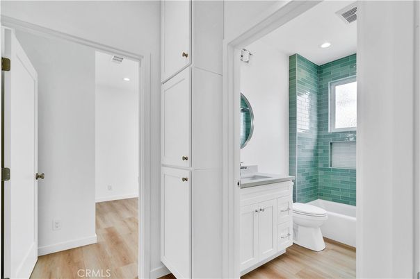 Bathroom, Glass Shower, Interior, Recessed Lighting, Wood Texture Flooring