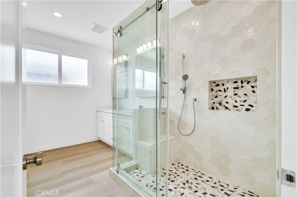 Bathroom, Glass Shower, Interior, Recessed Lighting, Wood Texture Flooring