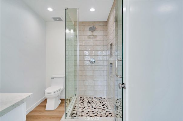 Bathroom, Glass Shower, Interior, Recessed Lighting, Wood Texture Flooring