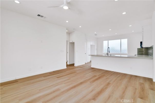 Empty room, Interior, Kitchen, Recessed Lighting, Wood Texture Flooring