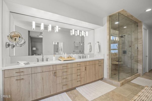 Bathroom, Dual Sink Vanities, Glass Shower, Interior, Recessed Lighting