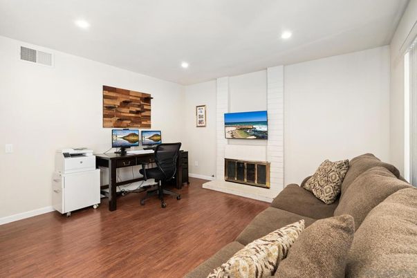 Fireplace, Home Office, Interior, Living room, Recessed Lighting, Wood Texture Flooring
